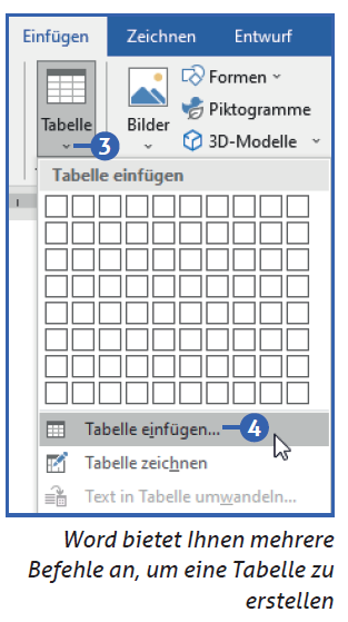 Word bietet Ihnen mehrere Befehle an, um eine Tabelle zu erstellen